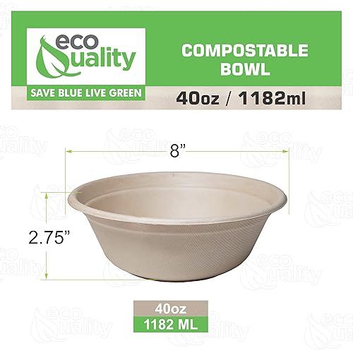 Miniatura 2 de EcoQuality 100 cuencos desechables redondos de 40 onzas de fibras de bambú de bagazo de caña de azúcar, resistentes, compostables, ecológicos, de