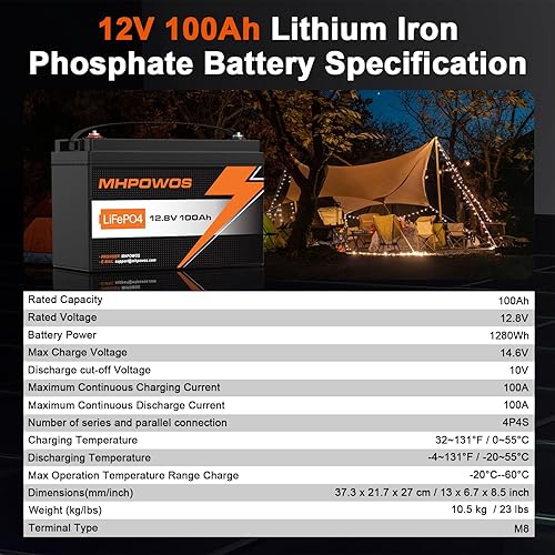 Miniatura 7 de Batería de litio LiFePO4 de ciclo profundo de 12 V 100 Ah - Grupo 31, 1280Wh, 15000 ciclos, BMS de 100 A con protección a baja temperatura para RV,