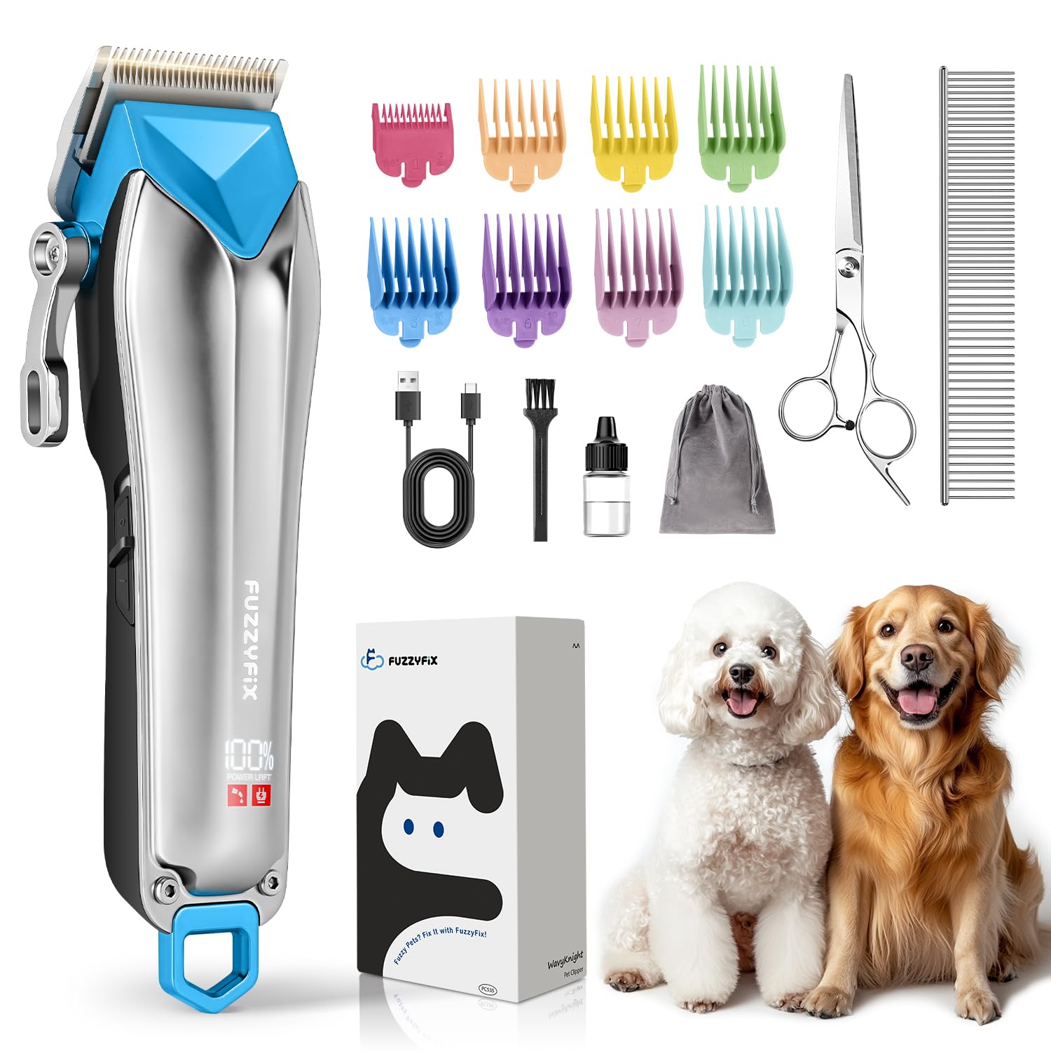 FuzzyFix Dog Grooming Clippers for Thick Heavy Hair,Dog Grooming Kit Low  Noise Type-C Rechargeable with Detachable Blade,Cordless Dog Trimmer