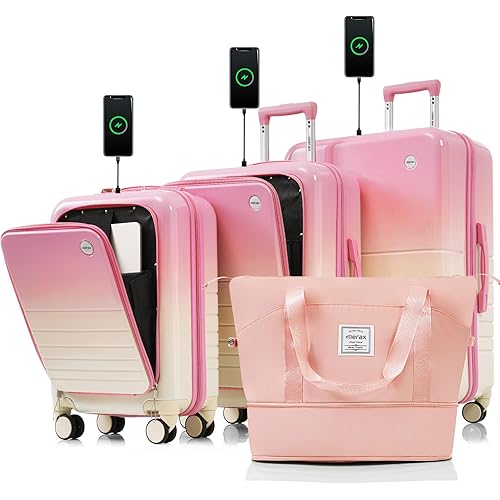 Merax Set of 4, ABS Hardside Luggage TSA Lock Spinner Wheel Suitcase, Pink and Ivory, 4-Piece Set