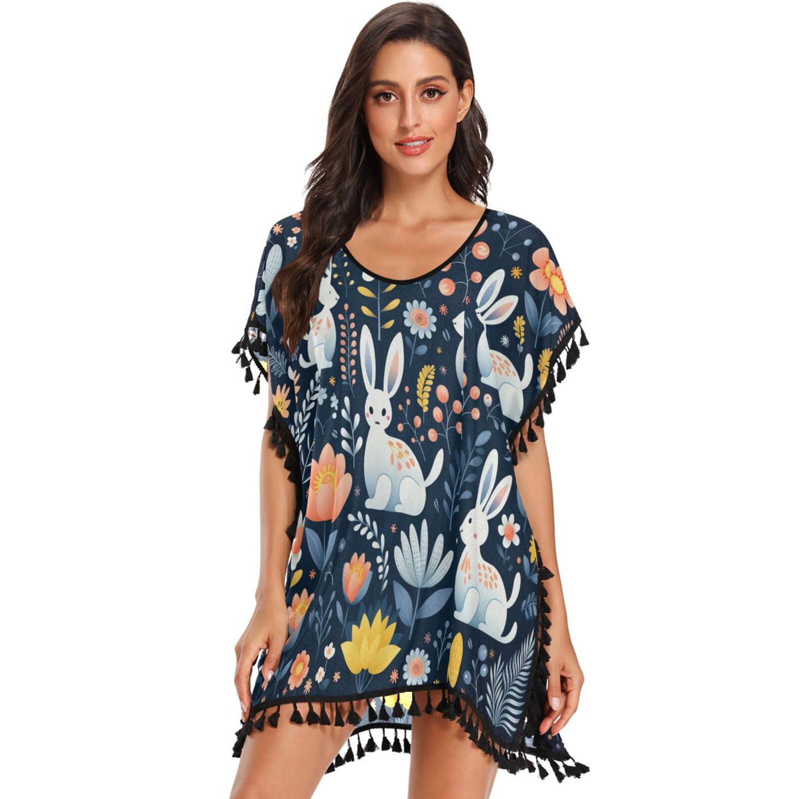 Cartoon Art Cute Rabbit Women's Beach Cover Up Chiffon Tassel Swimwear Swimsuit Coverups for Girl