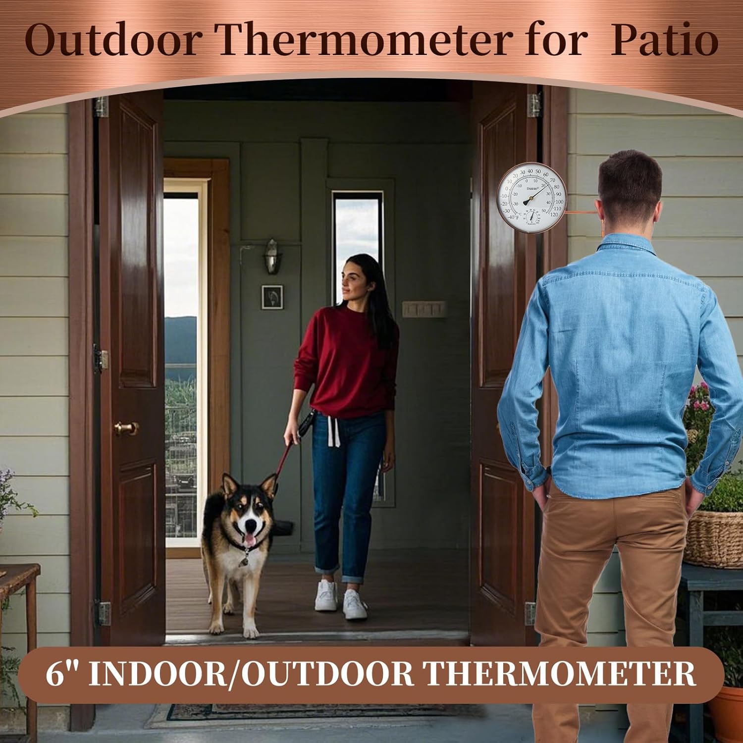 6" Outdoor Thermometer for Greenhouse, Garage and Patio. Weatherproof & Decorative Outside Temperature Gauge for Window, Antique Copper with Humidity (Easy-Read Brass Swivel Design)