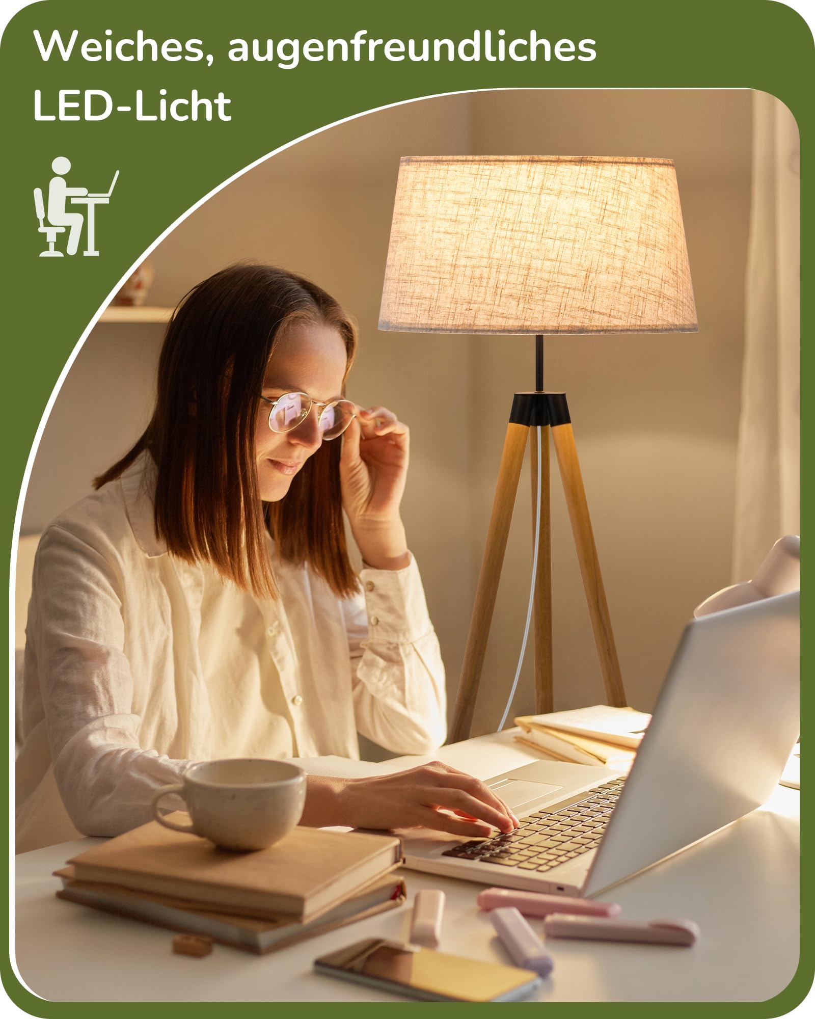 EDISHINE Stehlampe Wohnzimmer Dimmbar, Stehleuchte Boho mit Stativ aus Holz, inkl. E27 LED Glühbirne & Fernbedienung, Vintage Lampenschirm-Leinen, Leselampe für Esszimmer & Kinderzimmer