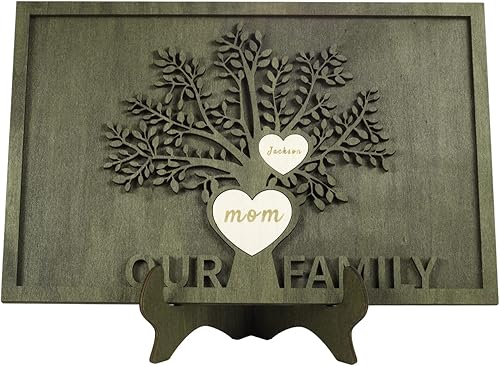 Vista 118 de Árbol genealógico con etiqueta de corazón, placas de madera grabadas personalizadas, regalos personalizados para madres, padres, escritorio, nombres