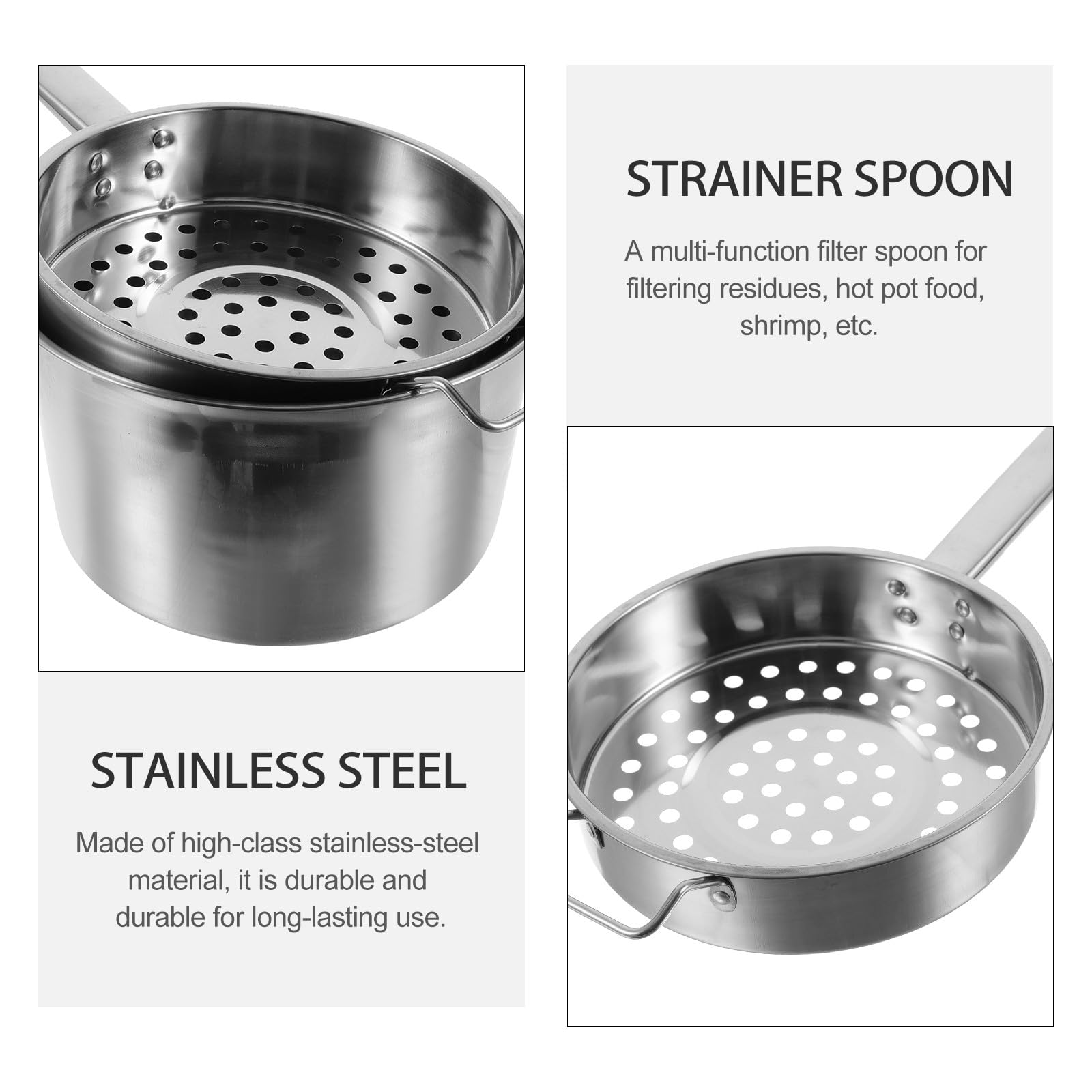 Passoire Inox Multi-fonction en Acier Inoxydable Grandes Perforations, Louche Passoire Bien Polie pour Nouilles et Barbecue, 1 Set Argenté