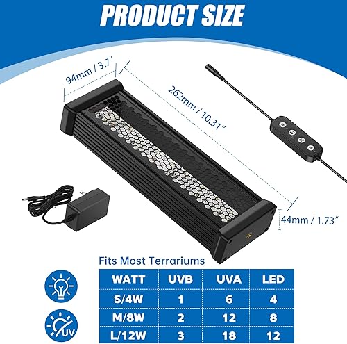 Dimmable LED Reptile UVB Light, LED Reptile Light Controller with Multiple Dimming and UVI Modes, 18W Aluminum UVA UVB for Rainforest and Desert Reptiles, Geckos, Chameleons and Bearded Dragons, etc.(UVB 18W)