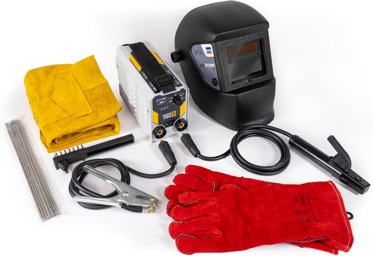 GYS, GYSMI 160 A Welding Machine with Coated Electrode, 160 A, Single Phase 230 V (MMA), with LCD Mask TECHNO 11, Electrode Holder, Ground Cable, 10 Electrodes Diameter 2.5 mm, Hammer/Brush, Gloves