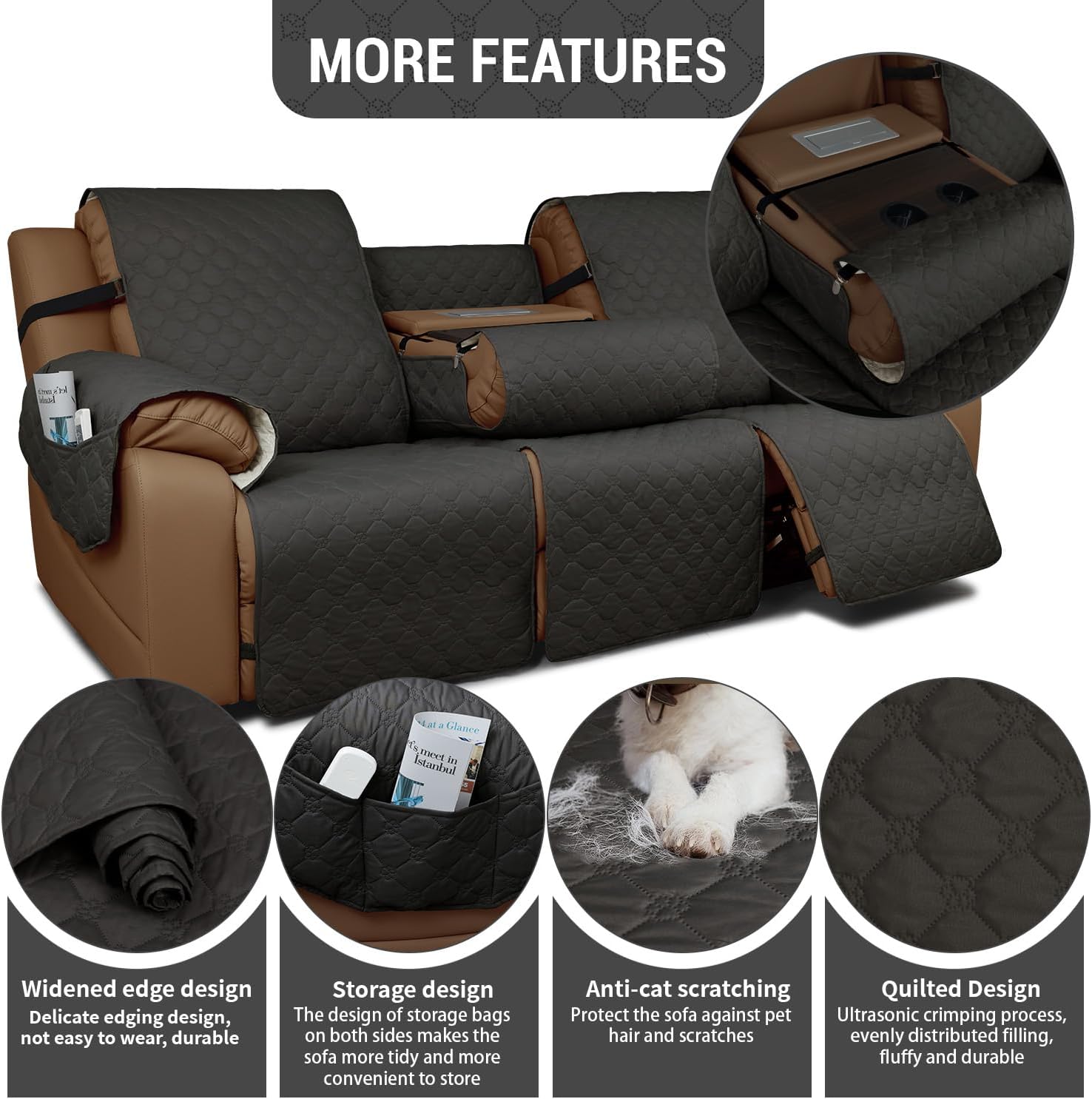 Waterproof Recliner Sofa Covers with Flipped Middle Backrest Washable Recliner Couch Covers Non-Slip with Elastic Straps Furniture Protector for Kid Dogs Pets (Dark Grey)