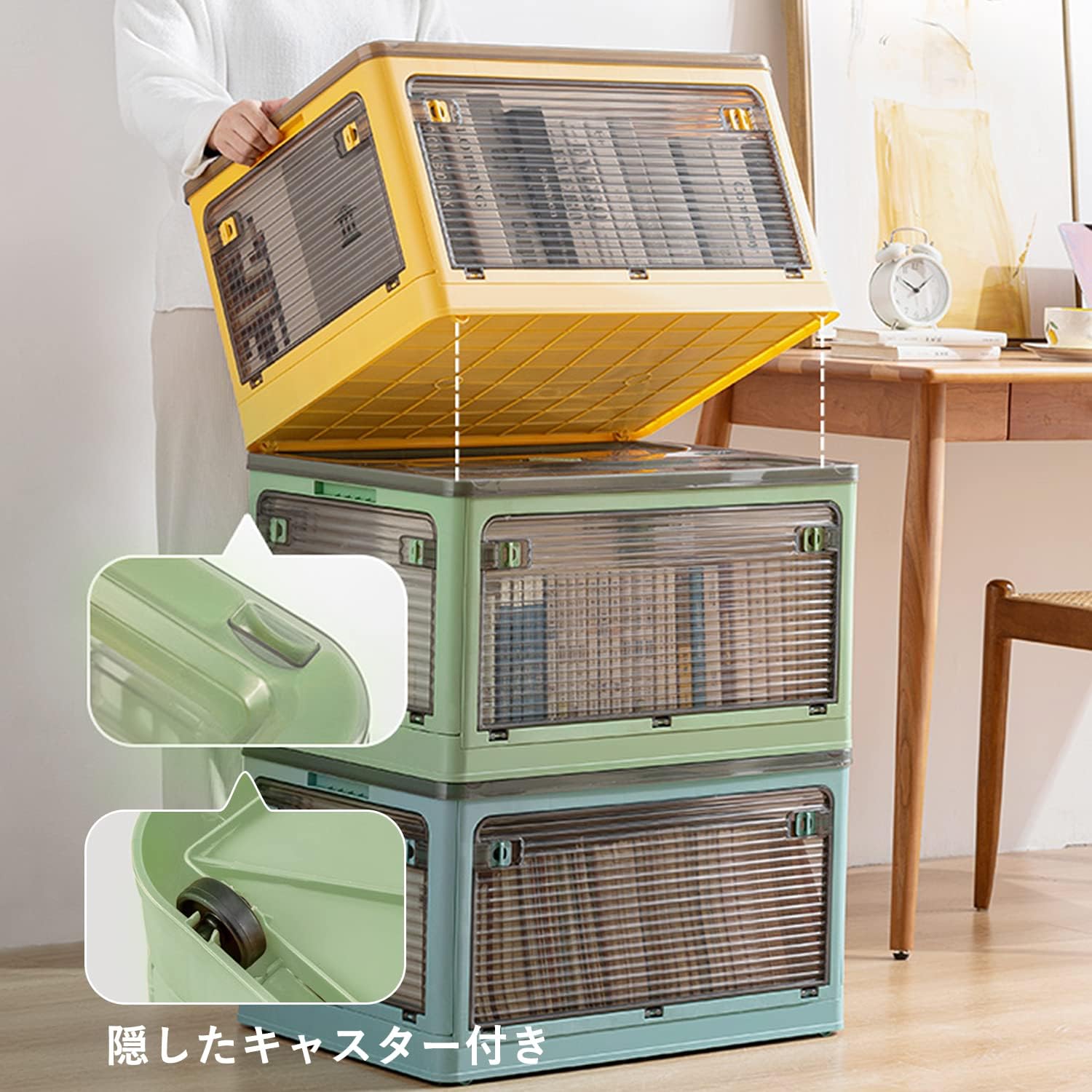 Foldable Storage Box, Omnidirectional, Clothes Organizer, Storage Case with Casters, Clothes Storage with Lid, Large Capacity, For Home and Office, Car, Stackable, Transparent, Width 23.6 x Depth 16.5 x Height 13.4 inches (60 x 42 x 34 cm), 5 Pieces, Blue