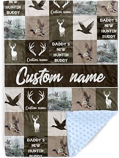 Personalized Baby Blanket with Name – Ducks Antlers Pattern Soft Receiving Blanket for Newborn Boys, Custom, Hunting Theme Nursery Decor for Toddlers