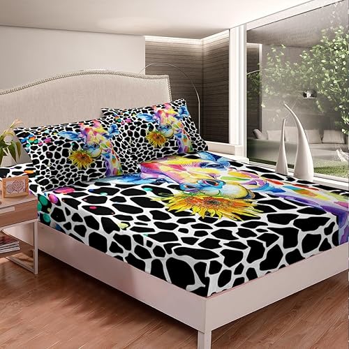 Miniatura 3 de Erosebridal Sábana bajera ajustable de jirafa arcoíris tamaño Queen, lindos animales, sábanas con estampado de jirafa negra y blanca, hippie, teñido