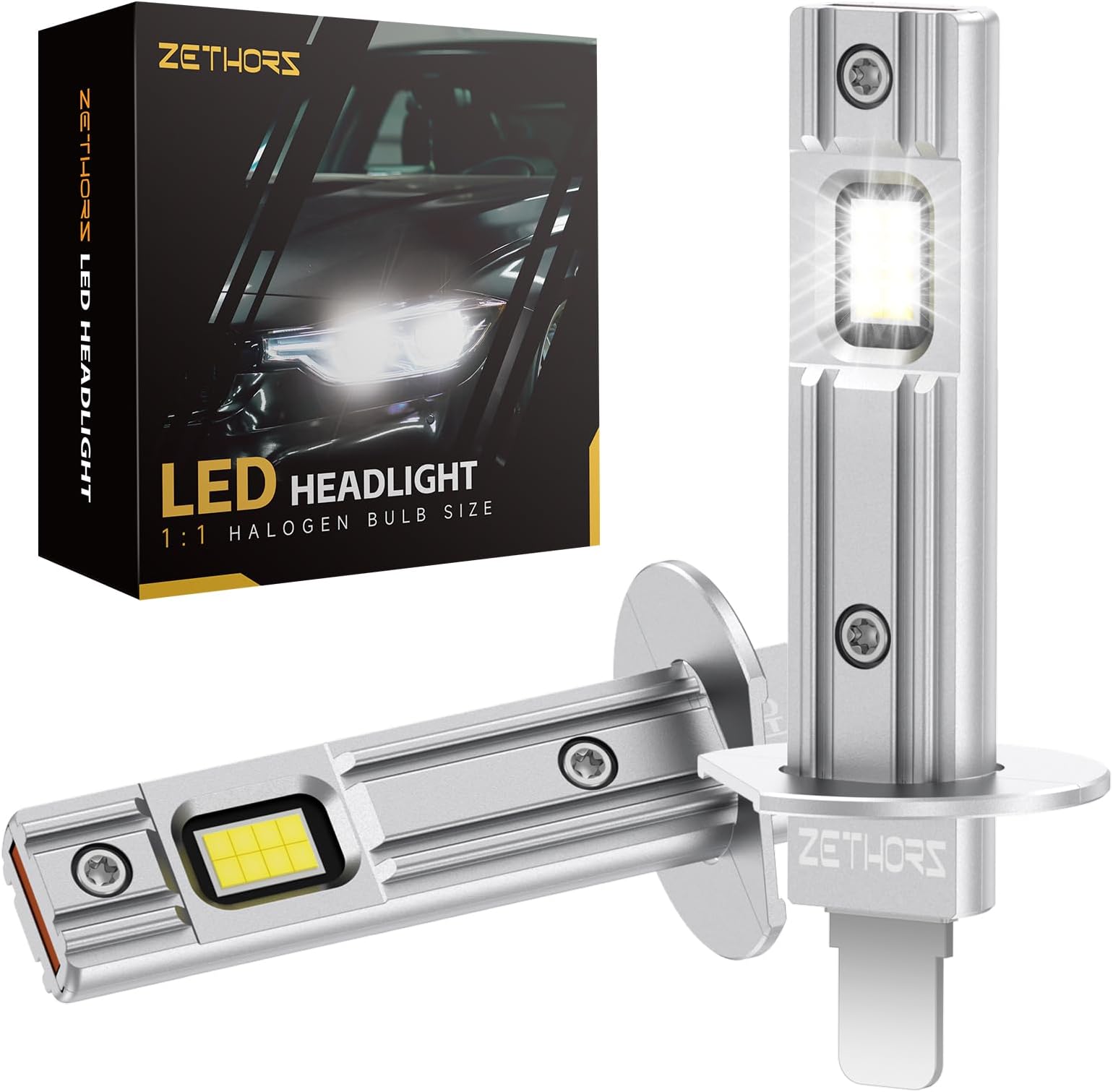 Zethors H1 LED Headlight Bulb 400% Brighter 16000LM 60W Mini LED H1 Bulbs Car Conversion Kit, Halogen Replacement, High Low Beam, HID Conversion Kits Fanless, Plug and Play, Canbus Ready, Pack of 2