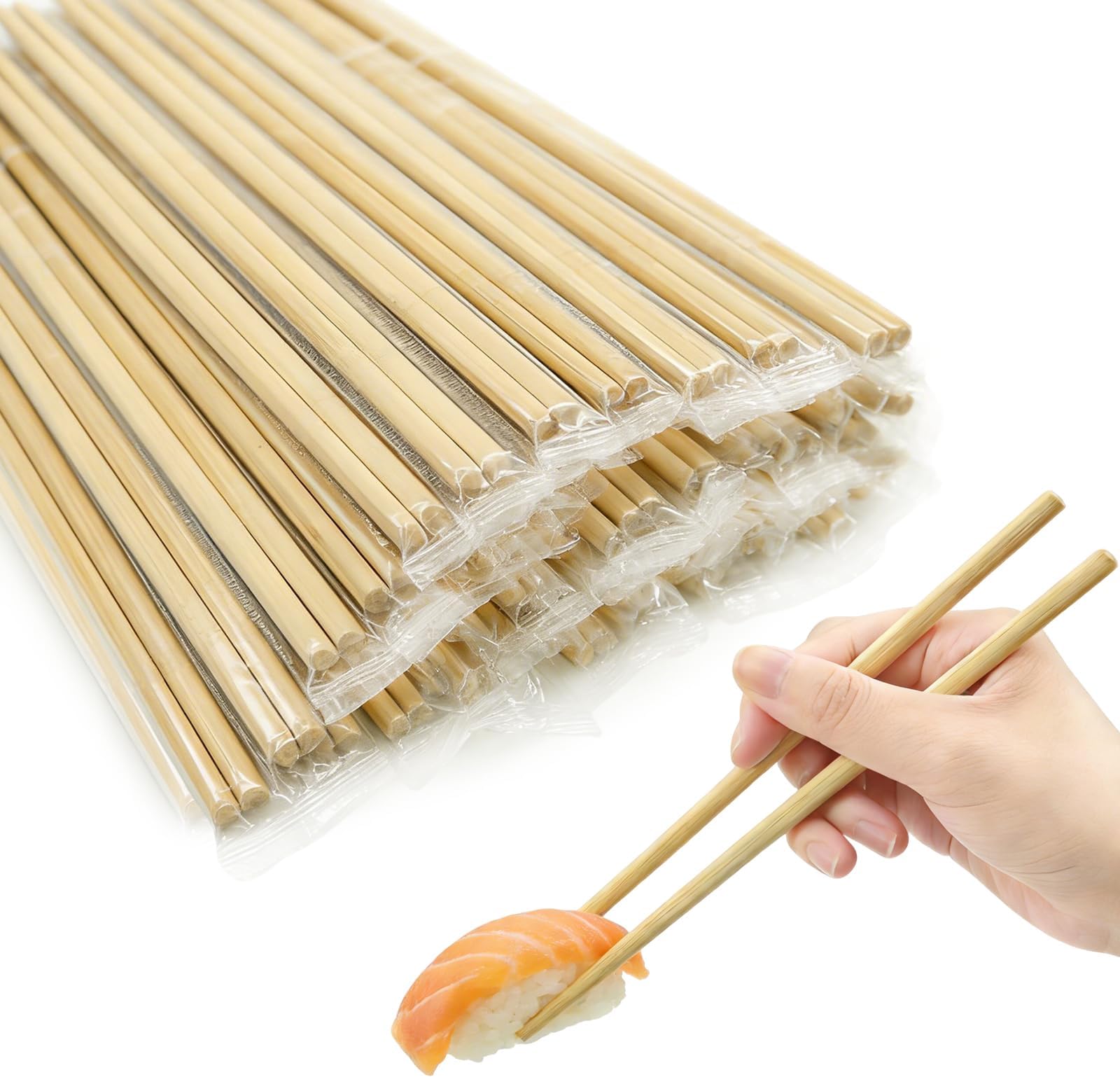 - 100 Pairs Disposable Bamboo Chopsticks, 9.3 Inches Long Individually Wrapped Chinese Chop Sticks, Clear Bag Solid Utensils for Restaurants, Picnics, Sushi and Asian Dishes