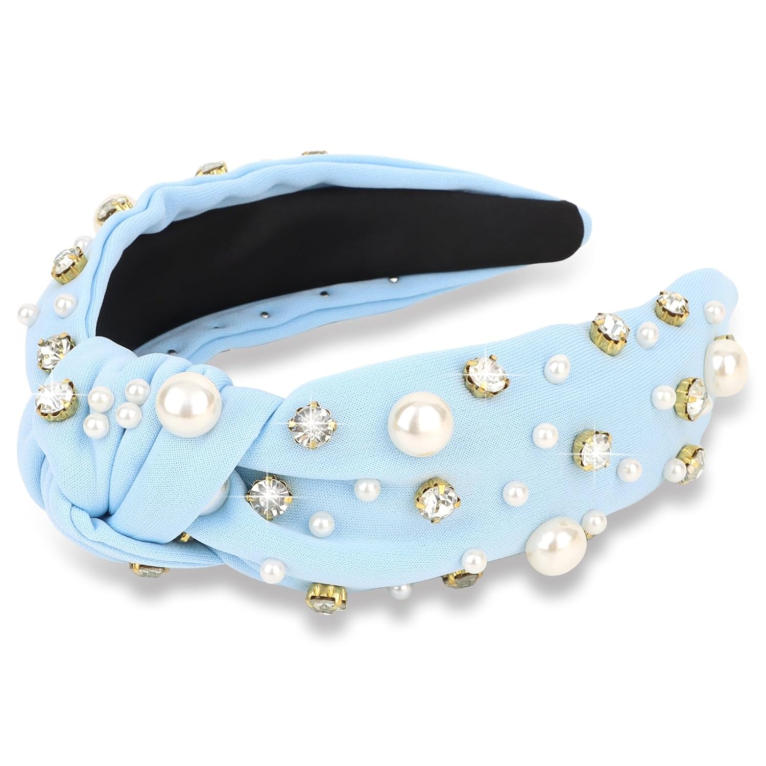 Blue Headband for Women Pearl Knotted Headband Sparkly Rhinestone Pearls Top Knotted Headbands Fashion Accessories Cute Hair Bands for Women Girls