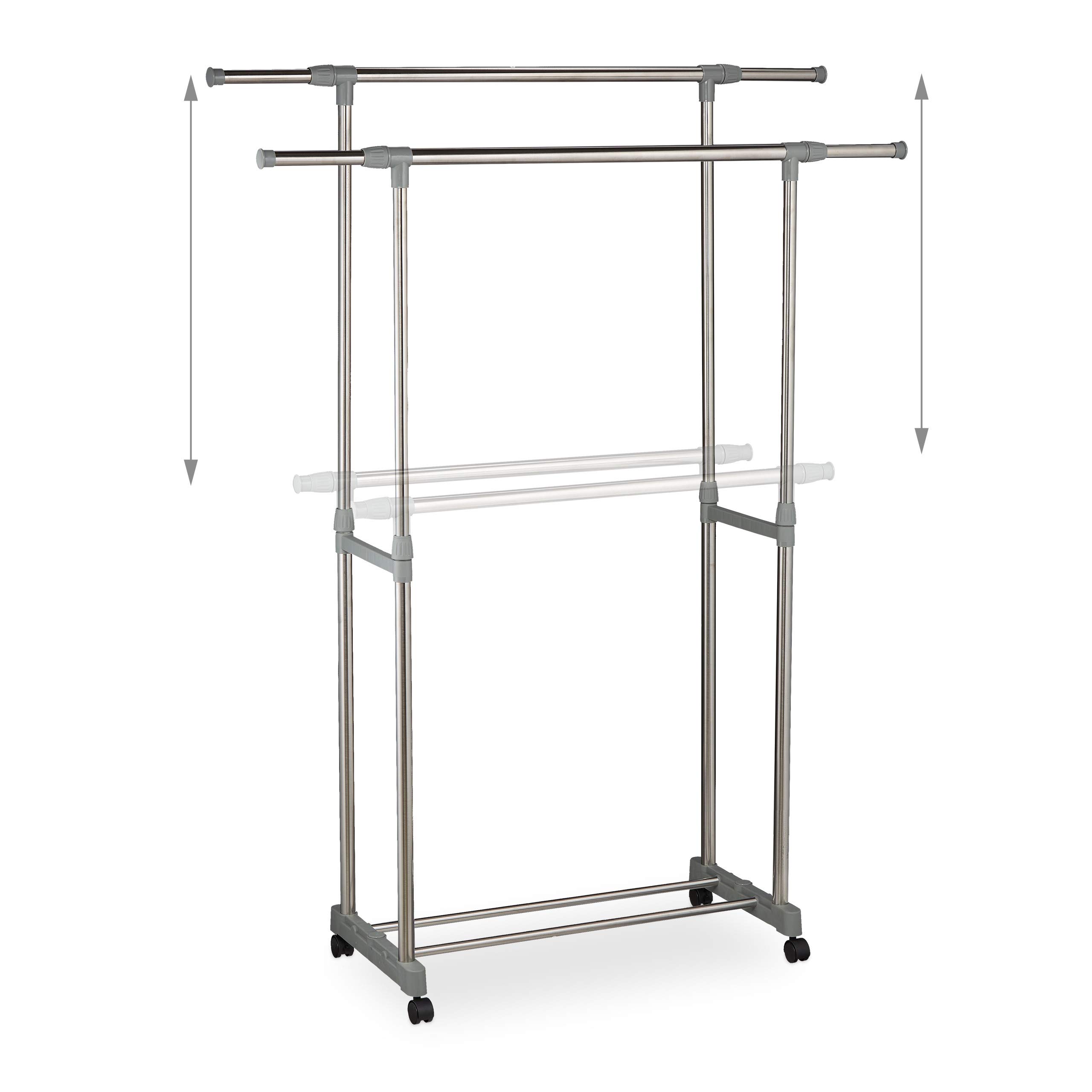 Relaxdays Burro Ropa 2 Barras Perchas, Guardarropa sobre Ruedas, Altura Ajustable: 95-165cm, Ancho: 94-160cm, Plateado