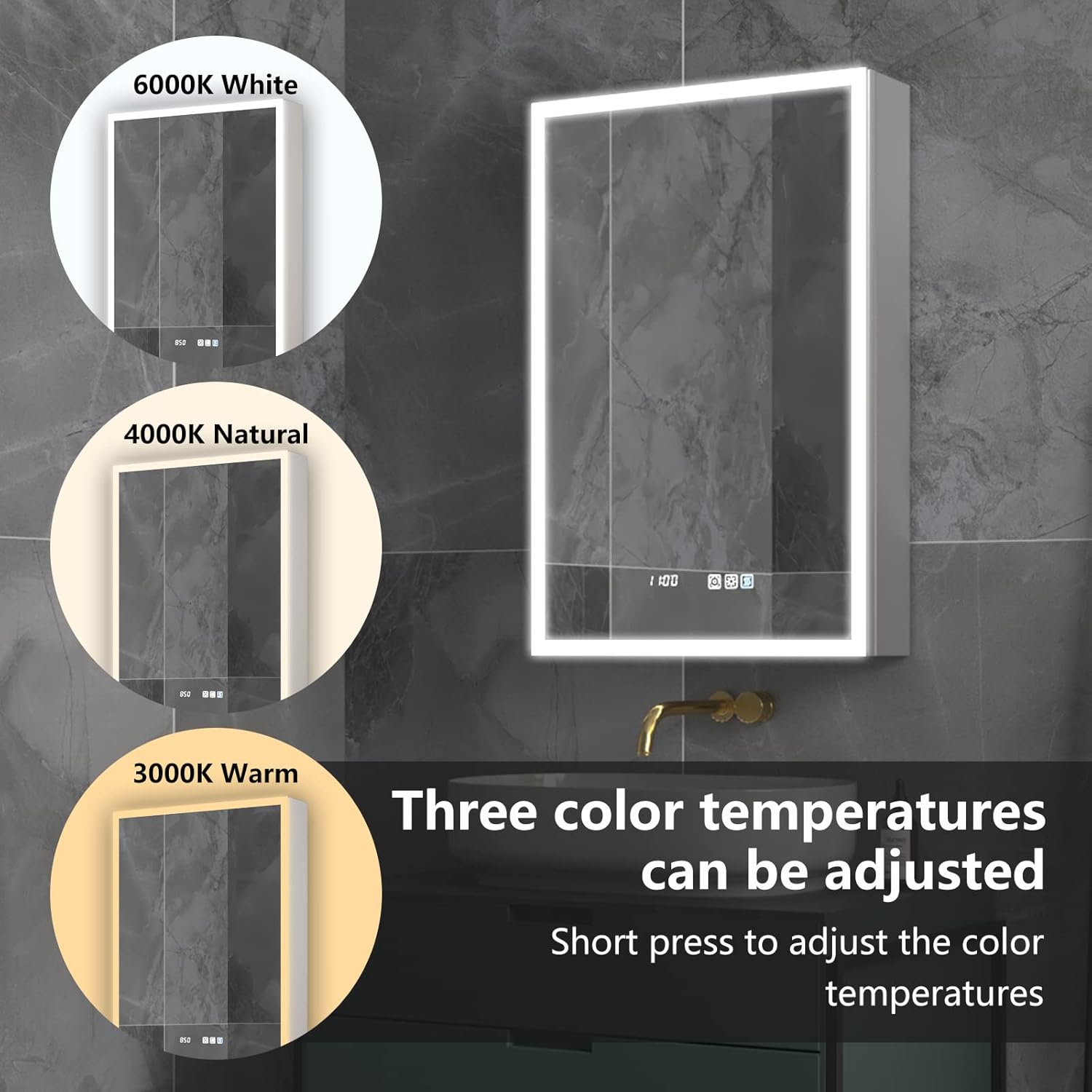 Image demonstrating three color temperatures: 3000K Warm, 4000K Natural, 6000K White
