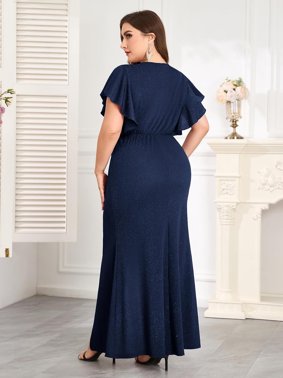ZOMVA Plus Size Formal Maxi Dress Sparkly Ruched Ruffle Sleeve V Neck Wrap Slit Cocktail Wedding Guest Prom Evening Gown