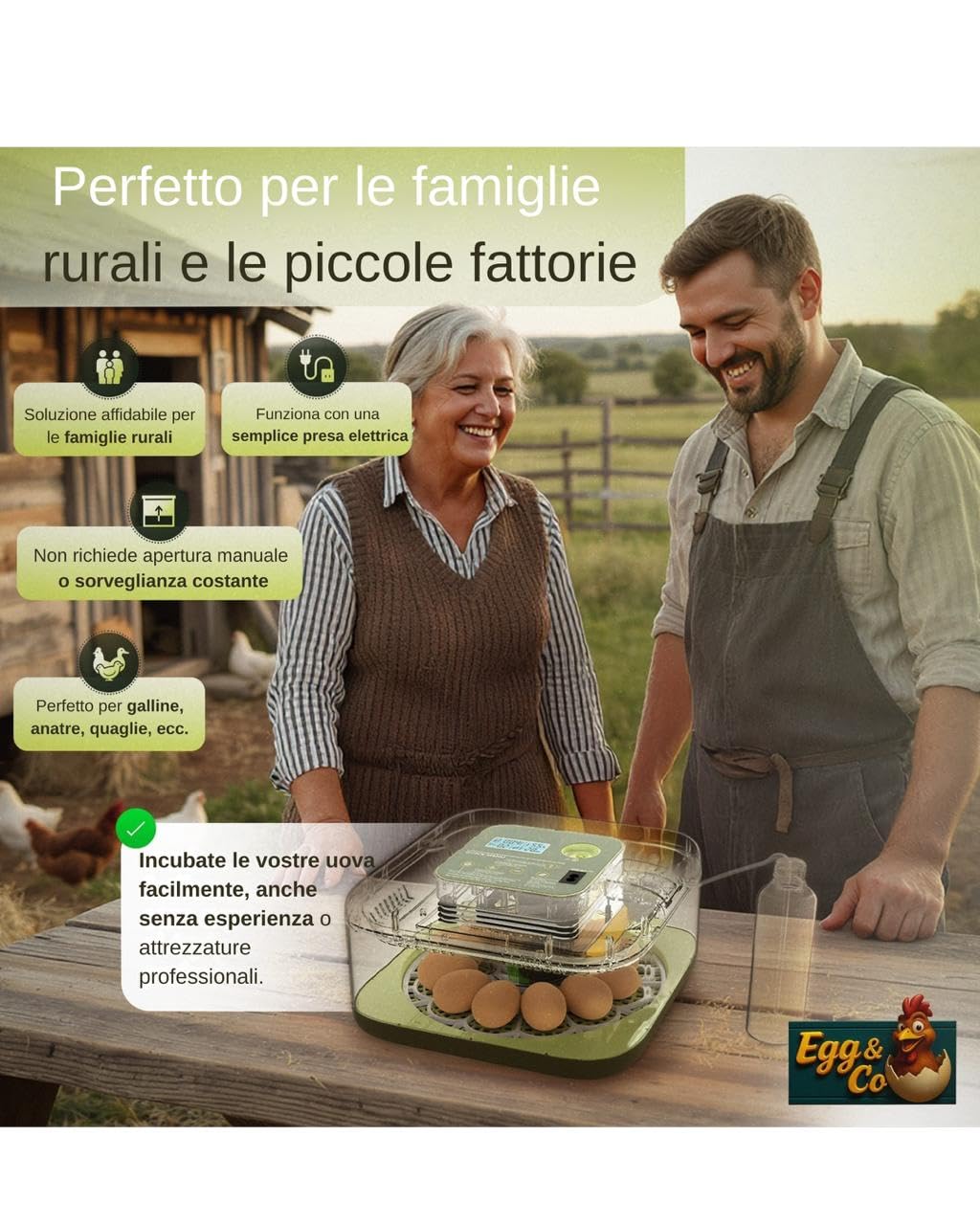 Egg&Co Start 12 – Incubatrice automatica 12 uova gallina (36 quaglia). Controllo umidità preciso, rotazione automatica, flacone e sperauova inclusi. Ideale per principianti ed esperti.