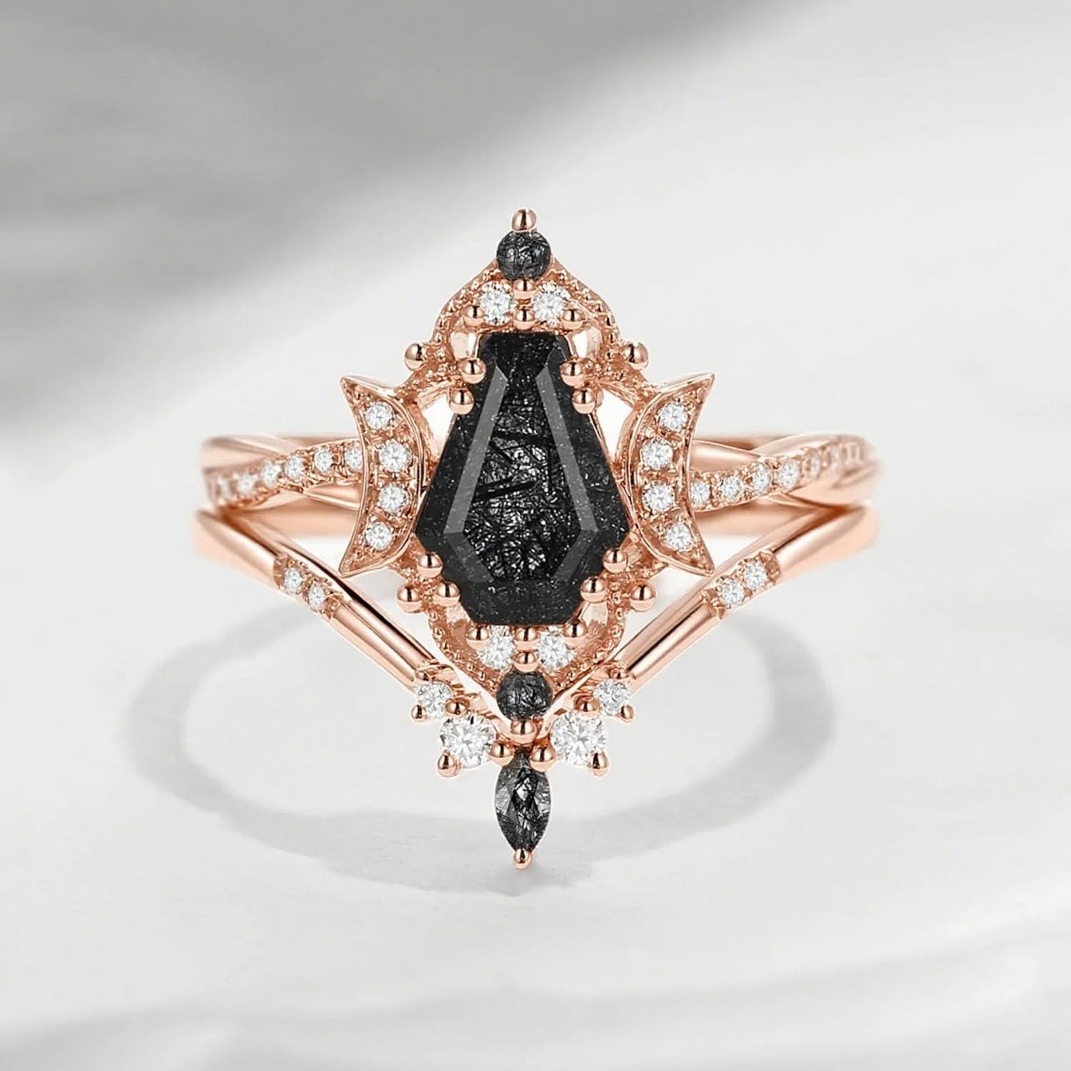 1/1.5/2 Carat Coffin Cut Black Rutilated Quartz Wedding Ring Set for Women S925 10K 14K 18K Gold Black Rutilated Quartz Engagement Rings Unique Bridal Set Promise Rings for Her