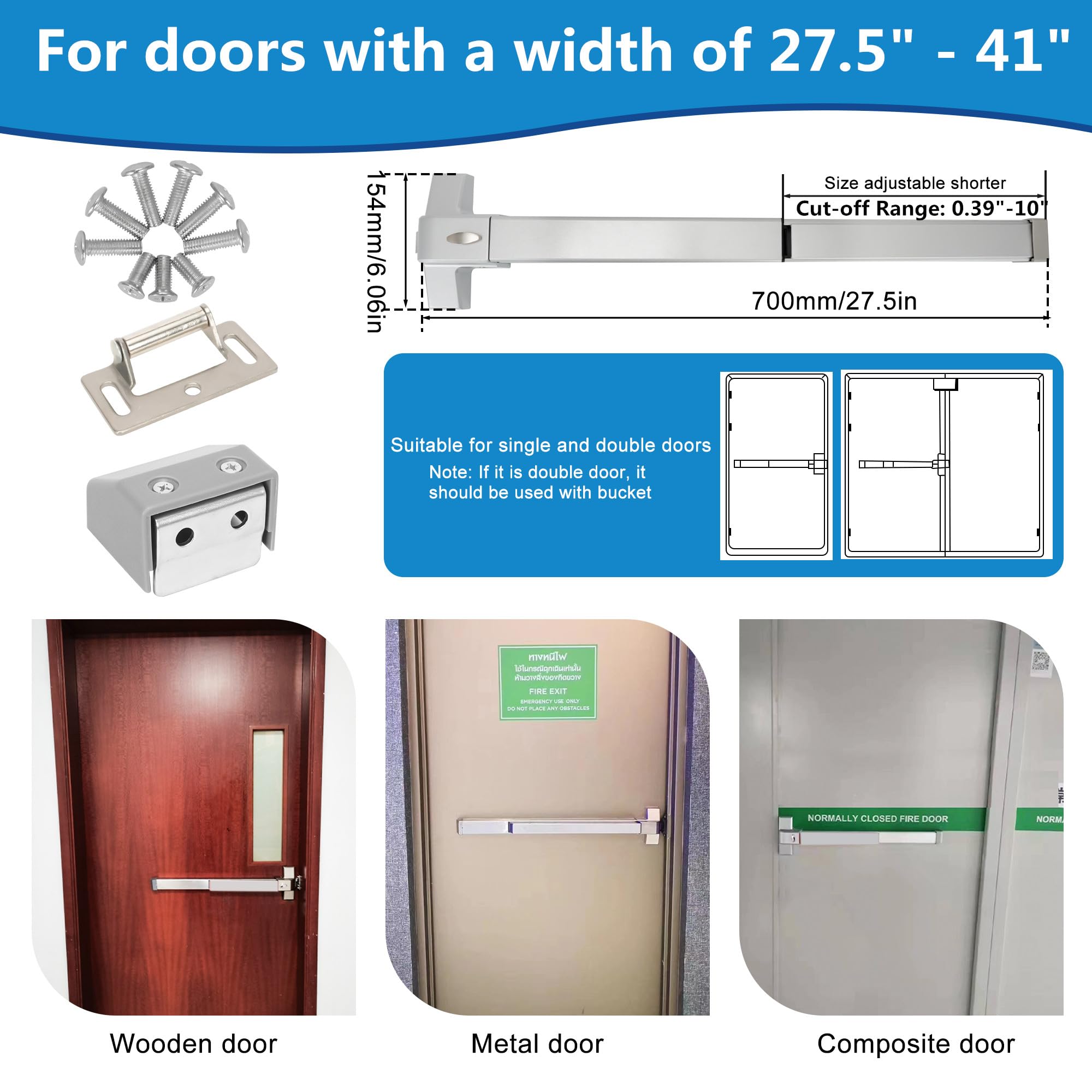 suermany 27.5" Push Bar Panic Exit Device for Commercial Doors - Hardware Lock for Wood and Metal Doors, Silver, Door push bar - Image 4