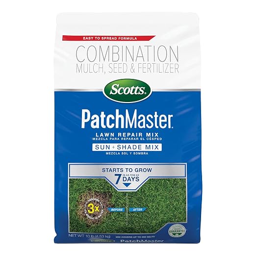 Scotts PatchMaster Lawn Repair Mix Sun and Shade Mix - 10 lb, All-in-One Bare Spot Repair, Feeds for Up to 6 Weeks, Fast Growth and Thick Results, Covers Up to 290 sq. ft.