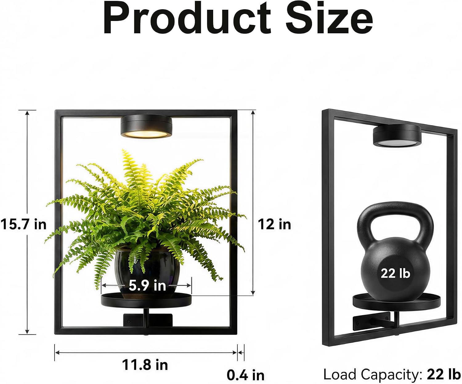 Wall Plant Holder with Grow Light, 2 Pack Picture Frame Mounted Shelf with Rechargeable LED Grow Lights for Indoor Plants, Black Metal Botanical Decor for Living Room Bedroom
