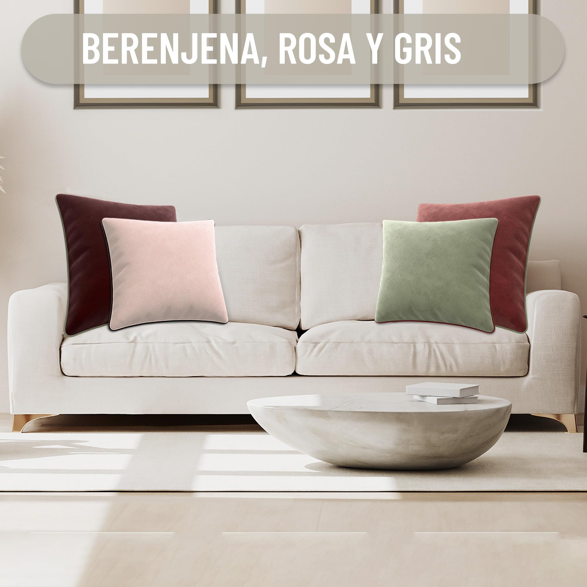 Set de 2 Fundas Cojín Terciopelo. Fundas Cojines Decorativos. Funda Cojin Sofa Terciopelo. Cojin Cama. Cojines salón. Relleno no Incluido. (Berenjena, Rosa y Gris, 45x45cm, 4ud)
