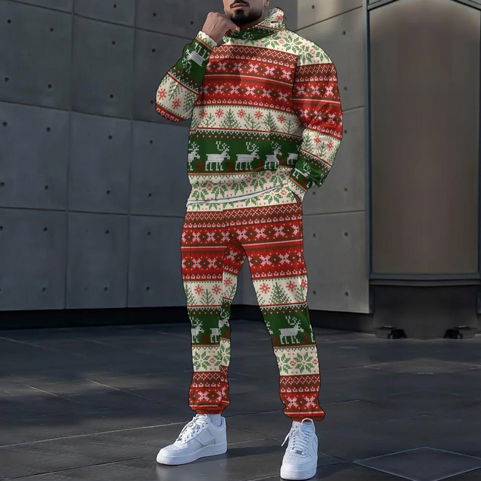 Celucke Weihnachtsanzug Herren Christmas 3D Drucke 2-teiliges Langarm Hoodie und Jogginghose Set mit Tasche Jogginganzug Bequem und Warm Tracksuit für Weihnachten,Sport und Freizeit