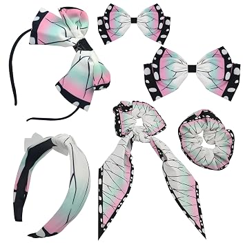 6PCs Bow Tie Bowknot Hair Pin Ties Rope Accessories props decorations hairband clips for Shinobu Nezuko Tanjirou Cosplay use Kochou Shinobu