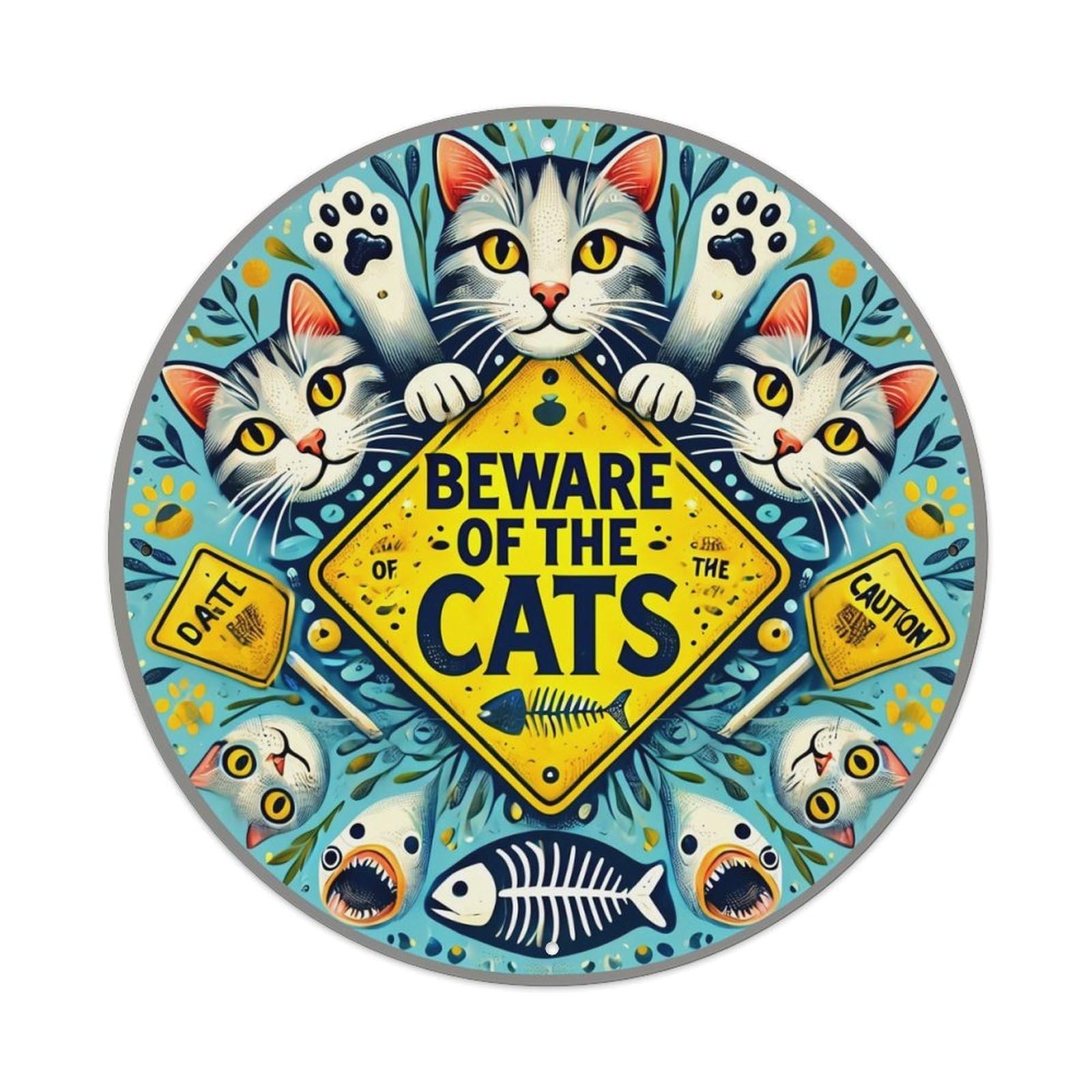 Beware Of The Cats Pattern Vintage Metal Tin Sign Retro Wall Decor for Home Bar Garage Cafe, Indoor & Outdoor Decorative，circle Metal Poster, 8x8 Inch