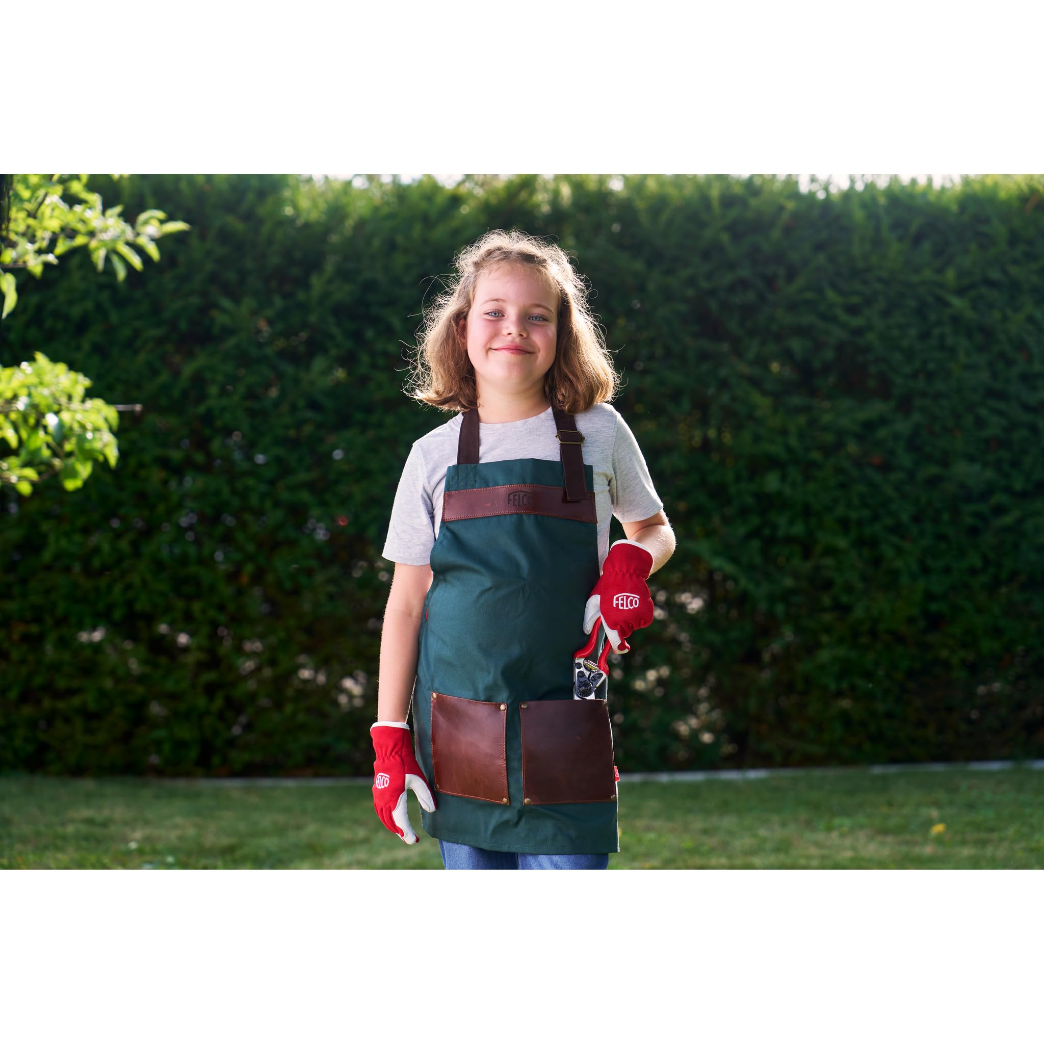 FELCO 490 KIDS – Kinder-Gartenschürze 4–10 Jahre, reißfestes Baumwollgewebe, wasser- und schmutzabweisend, Leder-Taschen, verstärkte Nähte, universelle Größe