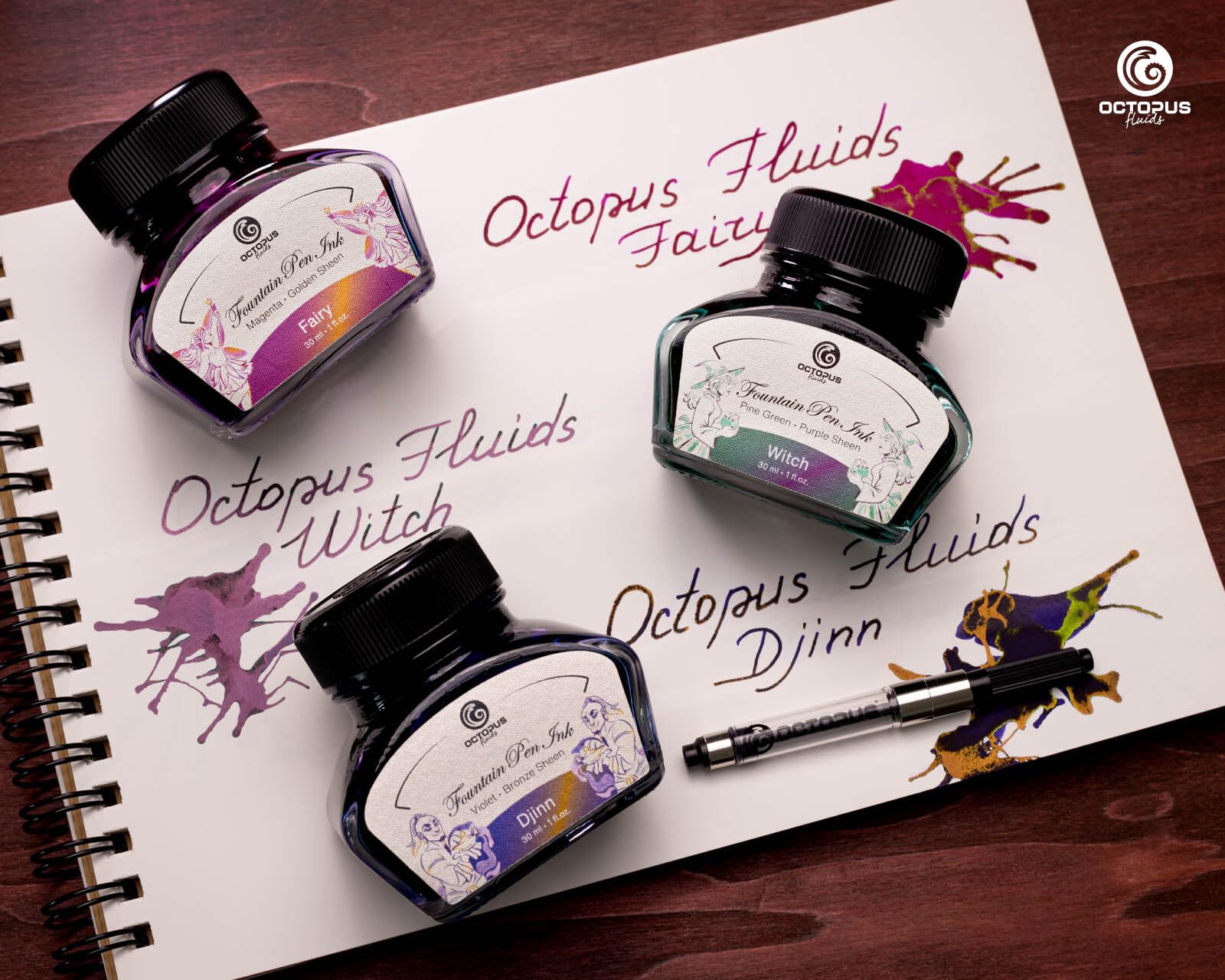 Octopus Fluids 3 x 30 ml tusz do piór wiecznych Sheen z konwerterem, zestaw Magic