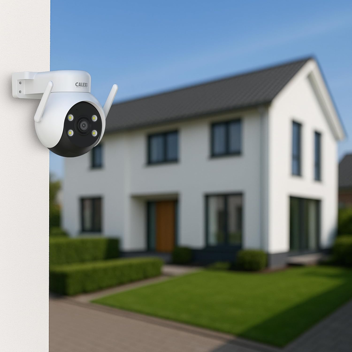 Calex Wi-Fi 2K Outdoor PTZ Camera mounted on a house wall