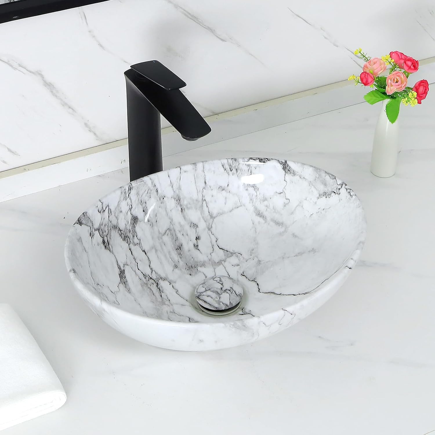 Davivy 16.3"x13.2" Nordic Marbling Oval Vessel Sink with Pop Up Drain,Ceramic White Bathroom Sinks Above Counter,Small Egg Shape Vessel Sink,Oval Sink Bowls for Bathroom