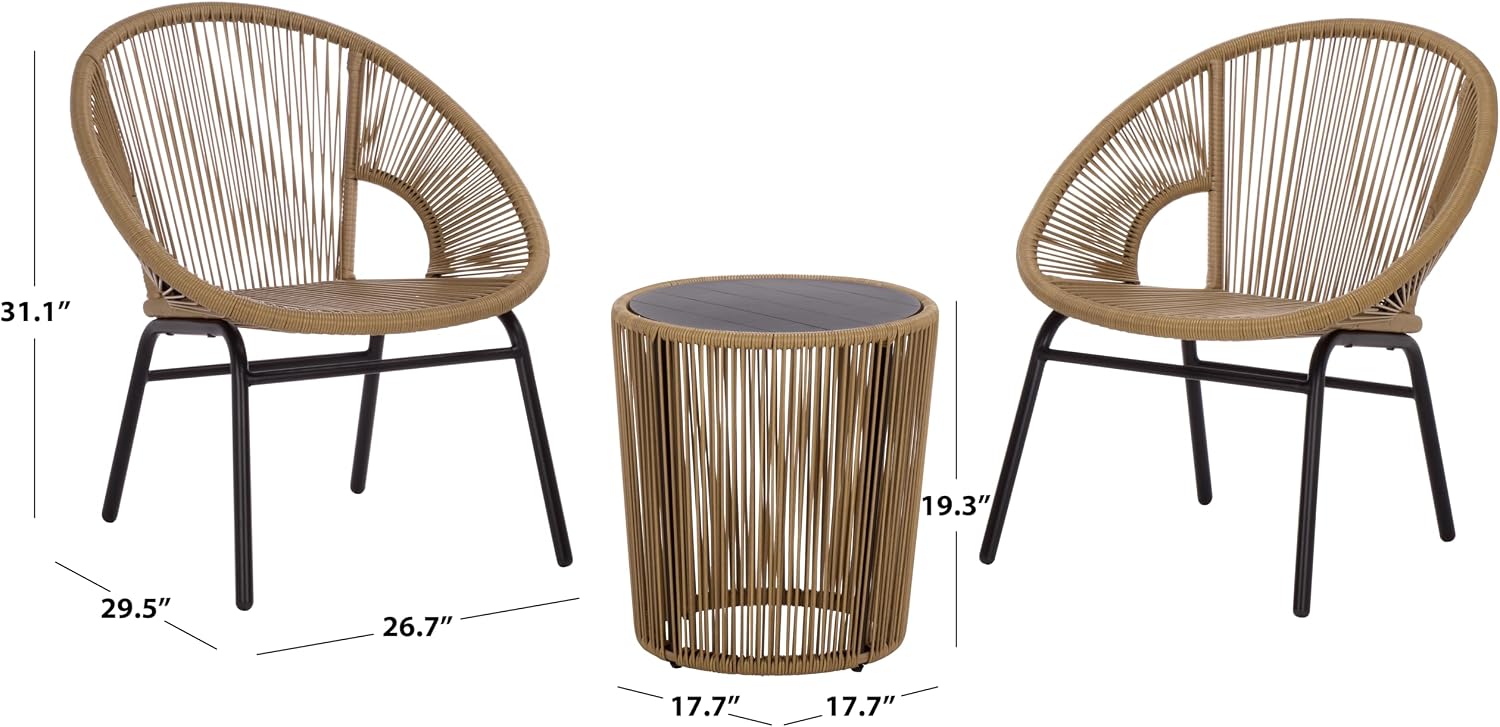 SAFAVIEH Outdoor Patio Furniture Collection – Otto Natural Rattan & Black 3-Piece Set, Modern Rope Chairs & Matching Table (PAT7549A)