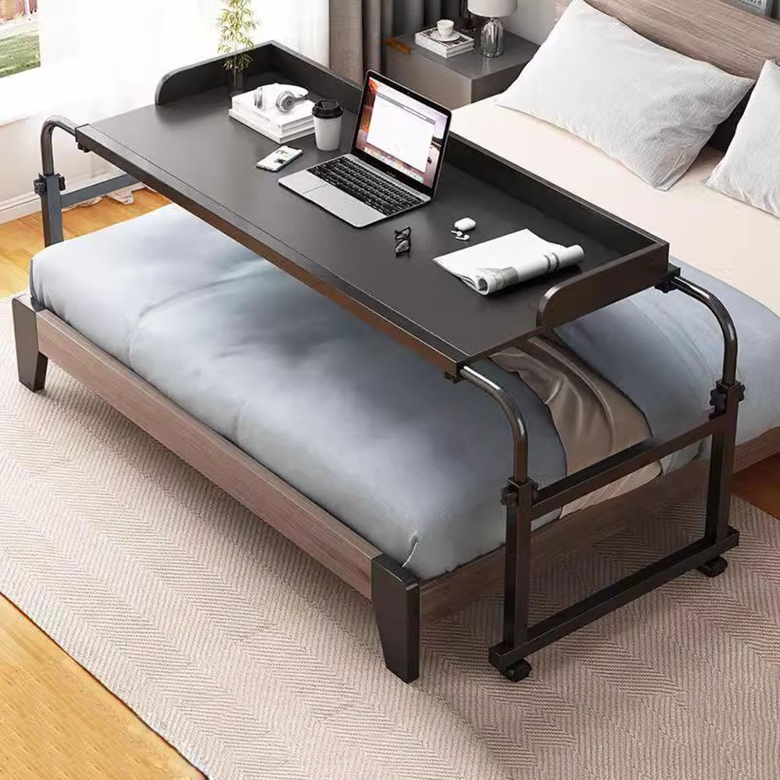 Table De Lit CroiséE avec roulettes，Table De Chevet RéGlable en Hauteur Bureau RéGlable en Hauteur Et en Longueur Table D'Ordinateur Table MéDicale(Color:Blanc)