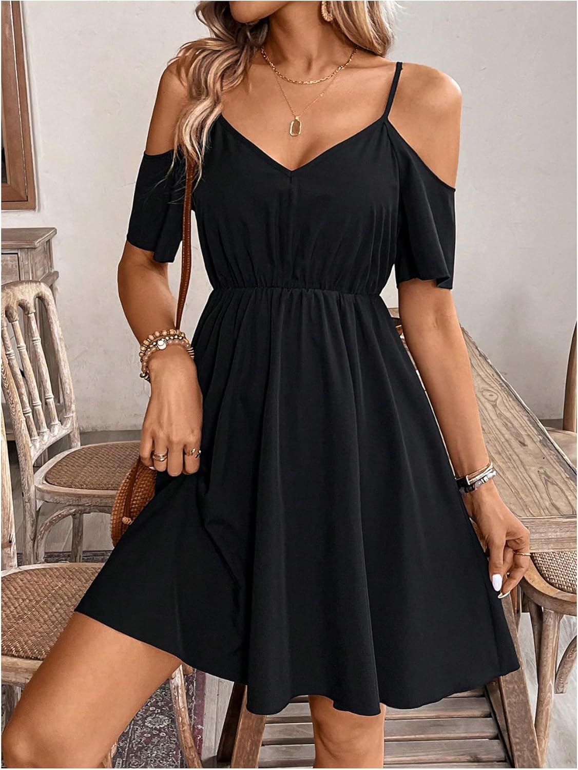 SweatyRocks Women's Ruffle Cold Shoulder Dress Cut Out Short Sleeve A Line Summer Dresses - Image 3