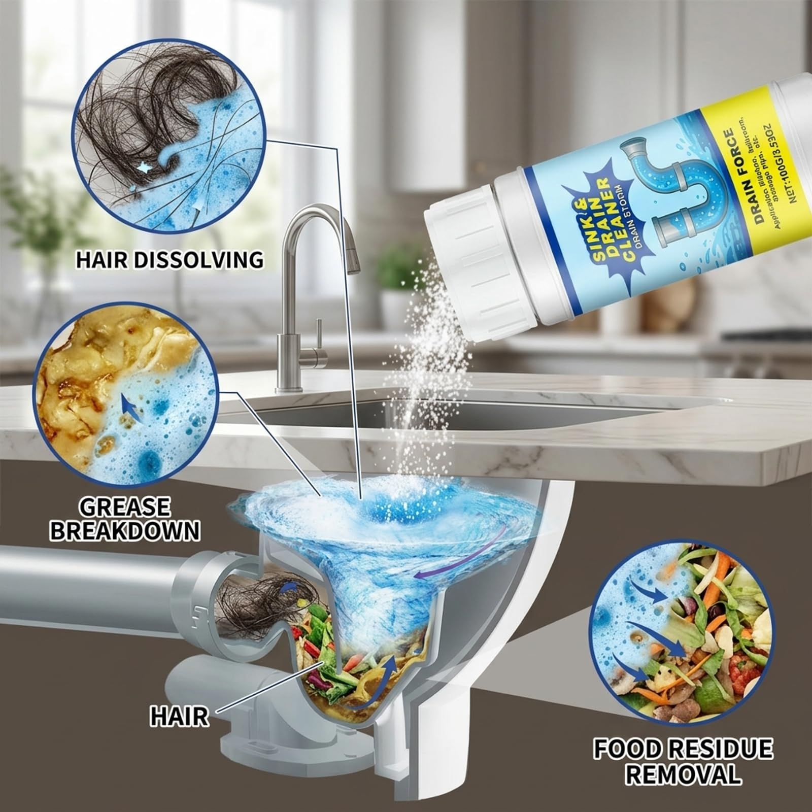 2026 Neu Abflussreiniger Extra Stark 100G Multifunktional Rohrreiniger Extrem Stark Drain Cleaner für Bad Küche Toilette 2 Stück