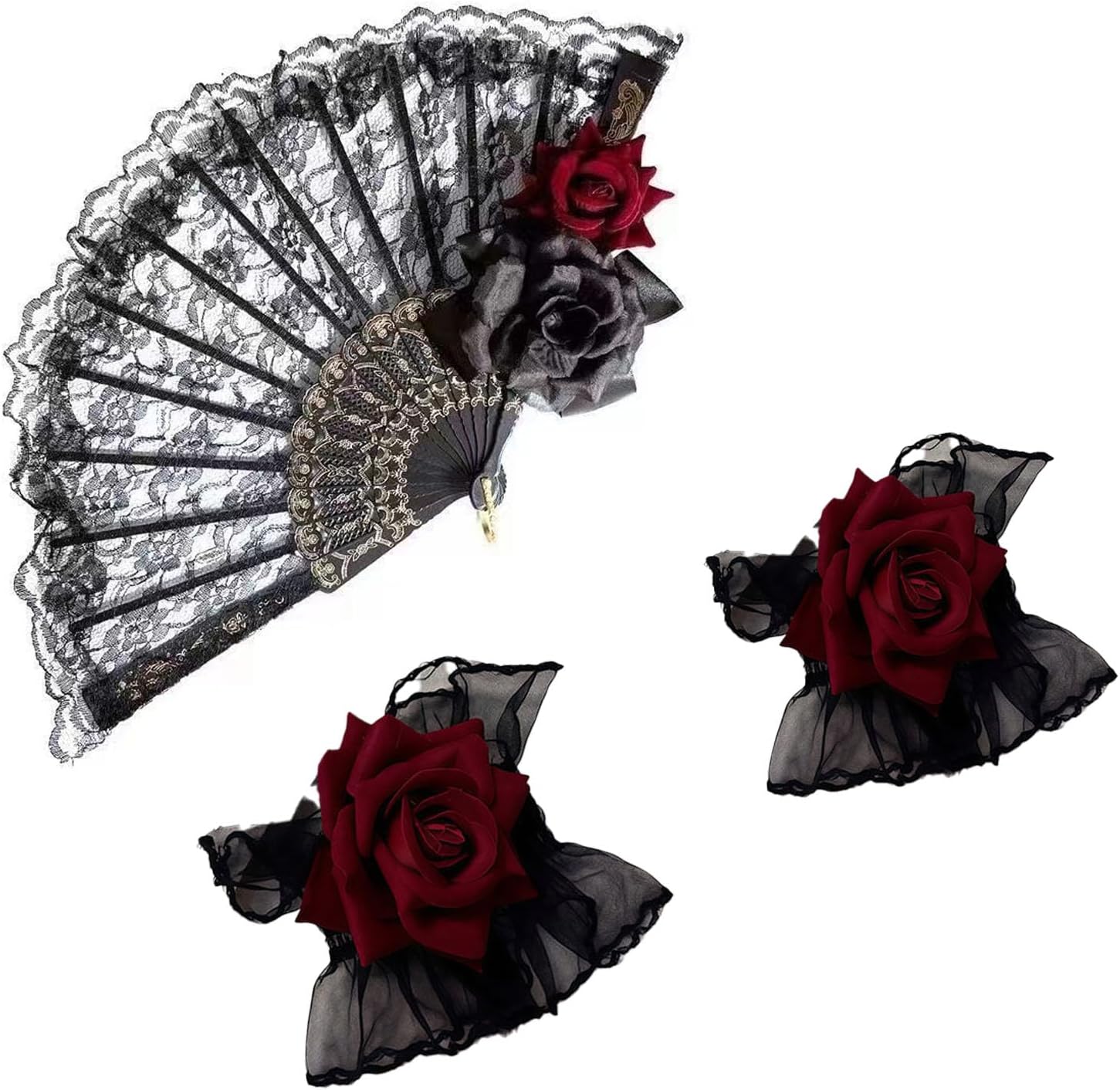 Rose Lace Gloves and Black Hand Fan Lace Rose Handheld, Wine Red Flower Wrist Cuff Dress Accessories for Wedding Party Show Cosplay Photo Props Decorations