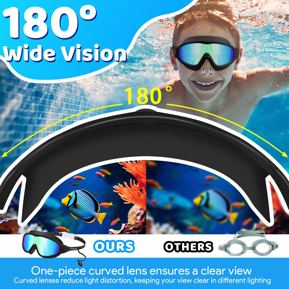Vvinca Gafas de natación para niños con tapones para los oídos y clip para la nariz, visión amplia, antivaho, gafas de natación UV para niños y niñas de 3 a 15 años