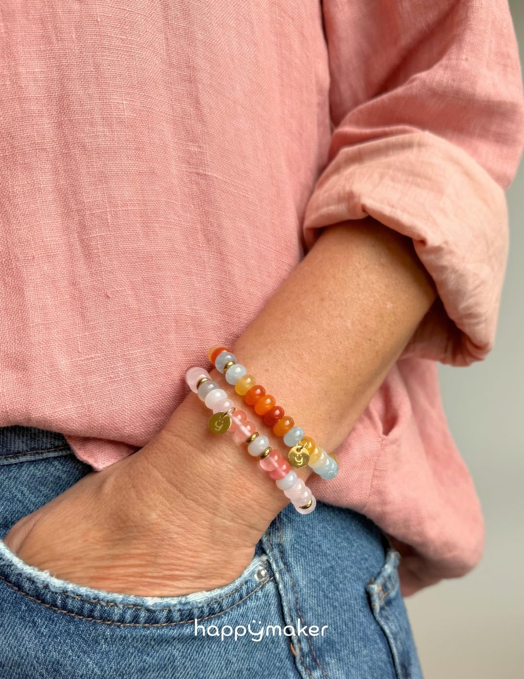 happymaker - Perlenarmbänder bunt Damen mit echten Edelsteinen, Armband Set, Schmuckschachtel, handgefertigt in Deutschland
