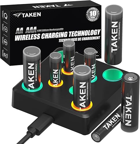 Taken Baterías recargables AA AAA, baterías de litio de 1.5 V precargadas con cargador de batería AA AAA (paquete de 4 baterías dobles A + 4 pilas