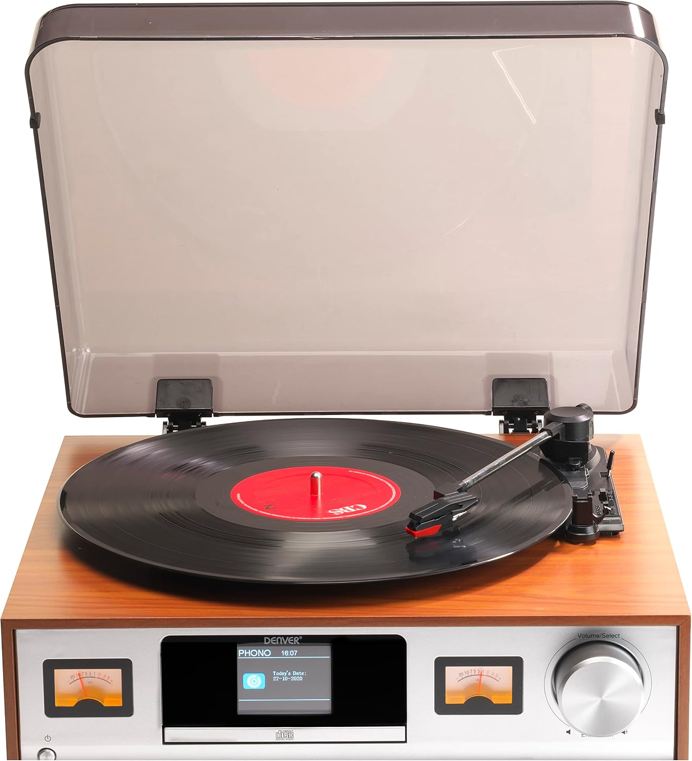 Close-up of the turntable platter and tone arm with a record