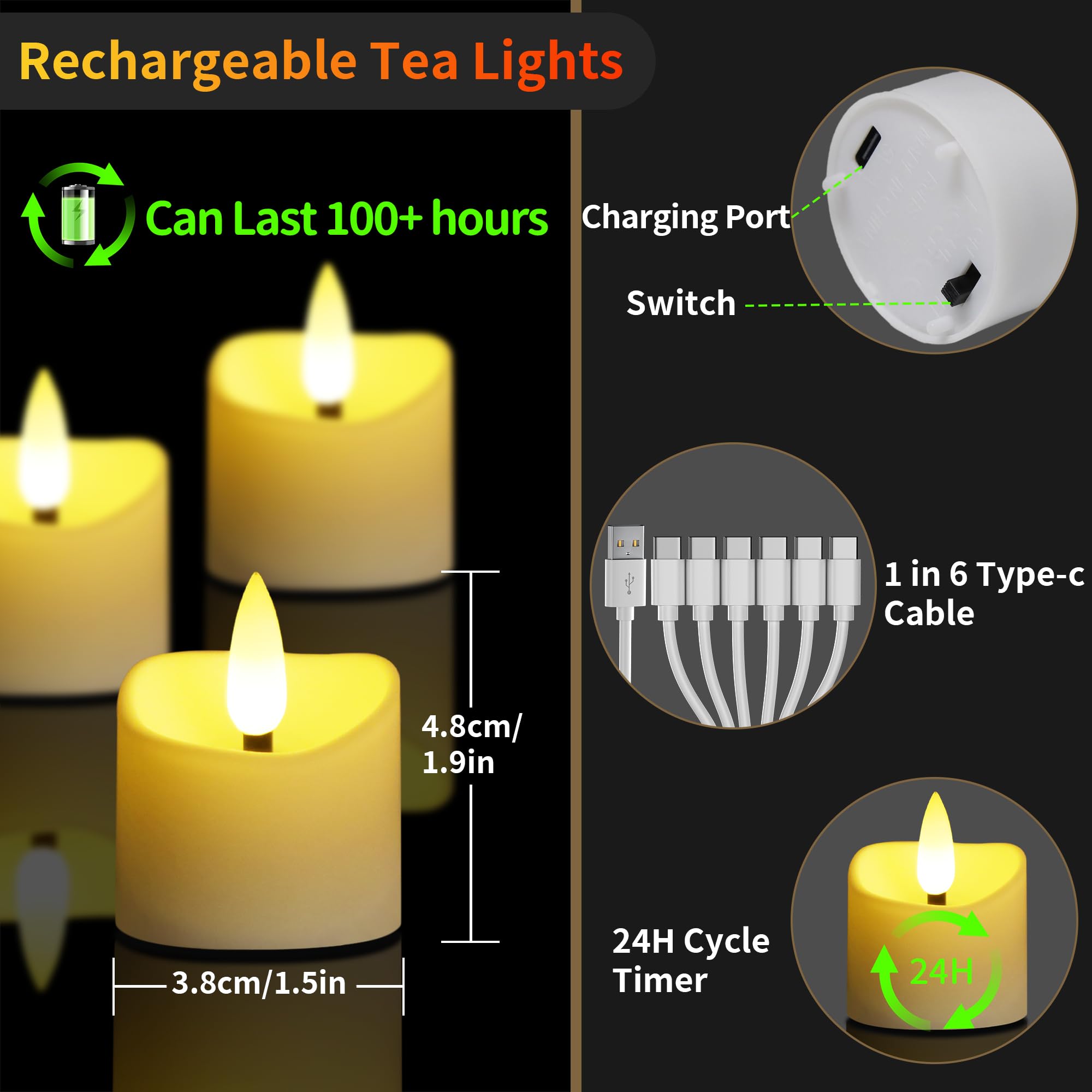 daphomeu Bougies LED rechargeables - Lot de 6, chauffe-plat LED sans flamme avec télécommande et minuterie de 24h, bougies de prière à piles pour décorations de mariage, d'Halloween et de Noël