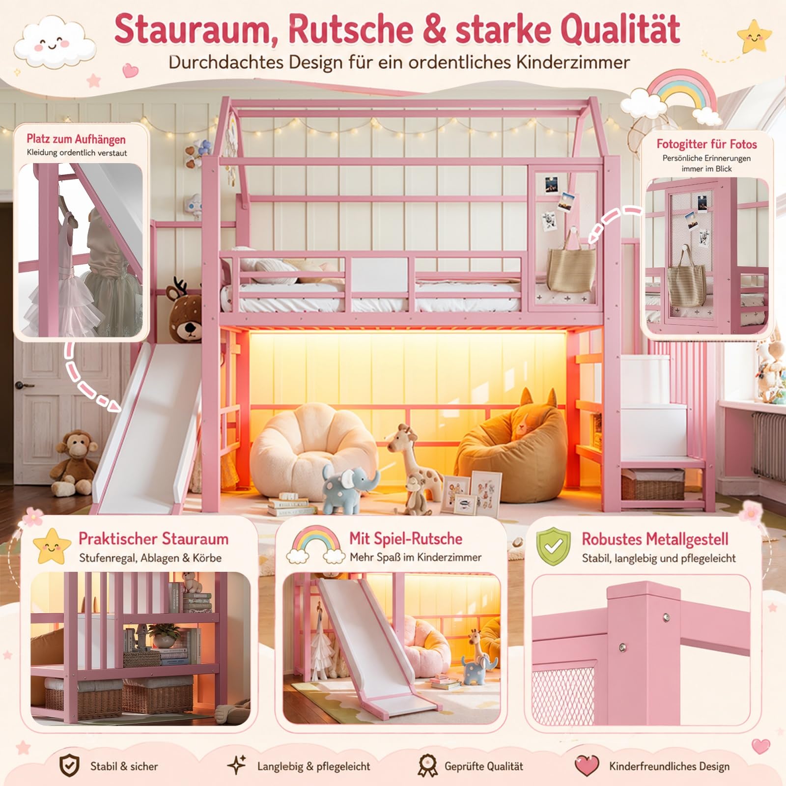 Lit Mezzanine Métal 90x200 cm avec Toboggan et Éclairage LED, Rose