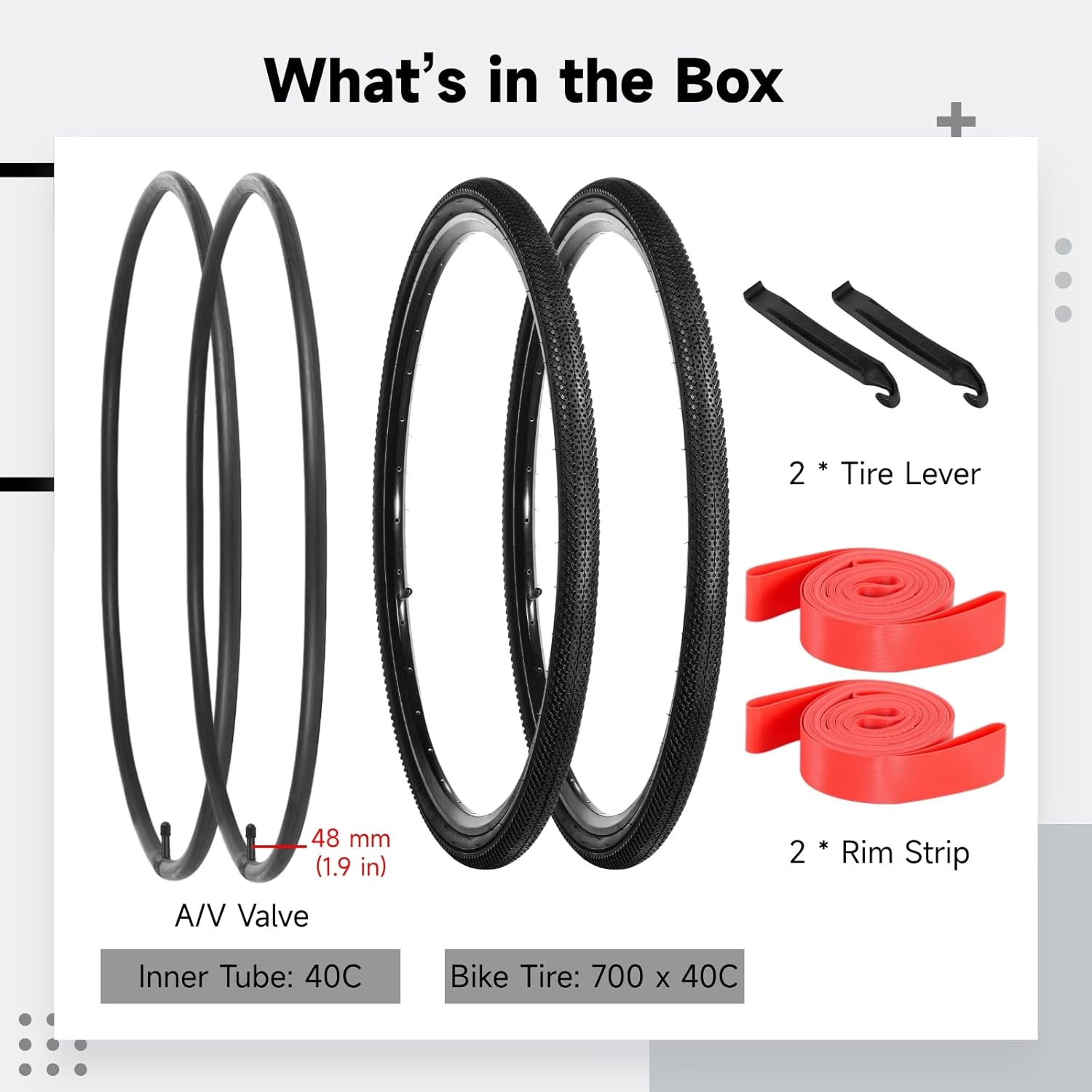 yeesport 700 x 40c Bike Tires, 2 Pack Foldable 42-622 700x40c Tires and 700x38/40/42c Inner Tubes 48mm A/V Valve with Rim Strips, 700c Gravel Bike Tires