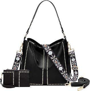 YeLoveHaw Roomy Hobo Tote Bag for Women, Studded Shoulder Handbag, 2-Piece Set with wallet, Crossbody Purse with Wide Boho Guitar Strap