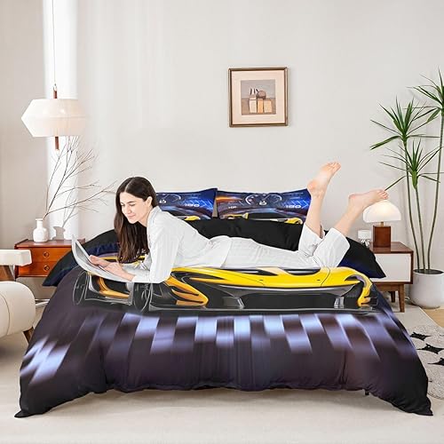 Vista 145 de Juego de ropa de cama de coche de carreras, avión, negro, gris, blanco, funda de edredón de coche deportivo de velocidad para niños, adolescentes