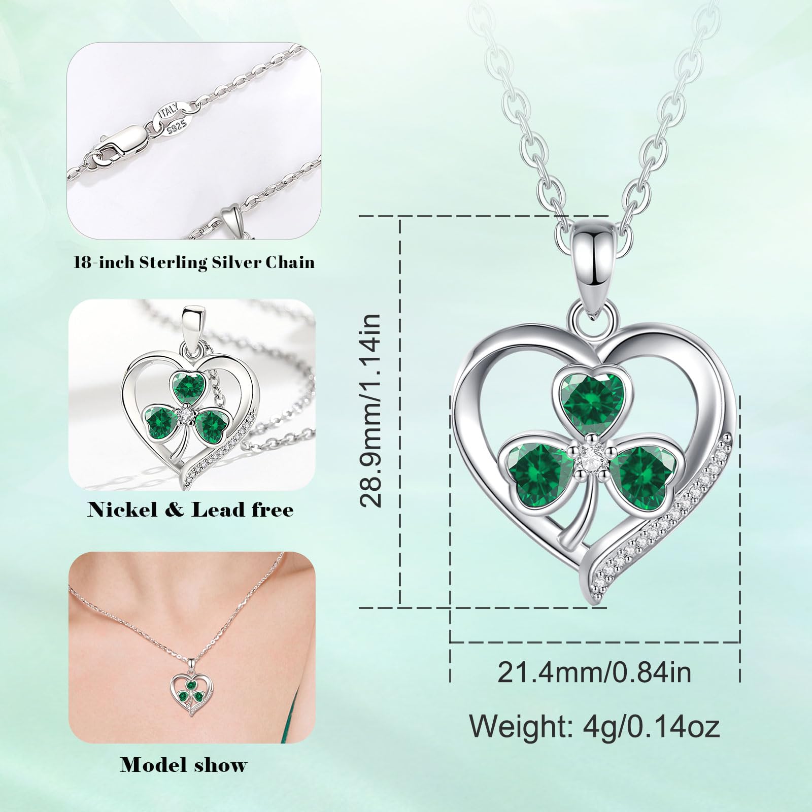 INFUSEU Collana con trifoglio irlandese gioielli da donna trifoglio verde cuore pietra zirconia ciondolo piccolo regalo buona fortuna catena in argento Sterling 45,7 cm
