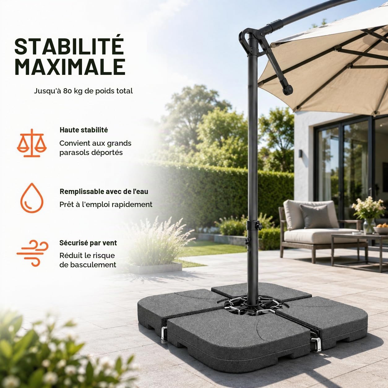 Pied de parasol pour parasol déporté - Poids à remplir pour croix de sol en plastique - Pied de parasol déporté (4 pièces jusqu'à 80 kg, plastique)